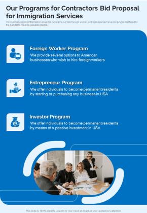 Our Programs For Contractors Bid Proposal For Immigration Services One Pager Sample Example Document Slide01