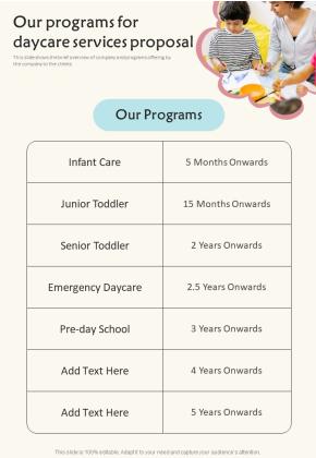 Our Programs For Daycare Services Proposal One Pager Sample Example Document Slide01