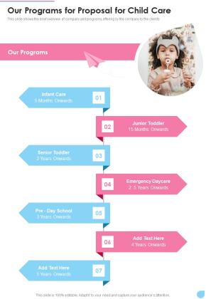Our Programs For Proposal For Child Care One Pager Sample Example Document Slide01