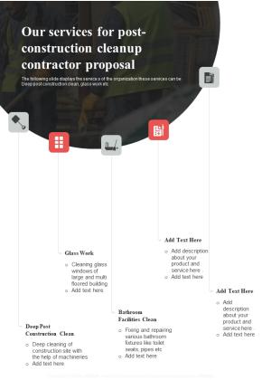 Our Services For Post Construction Cleanup Contractor Proposal One Pager Sample Example Document Slide01