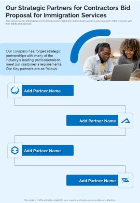 Our Strategic Partners For Contractors Bid Proposal For Immigration Services One Pager Sample Example Document Slide01