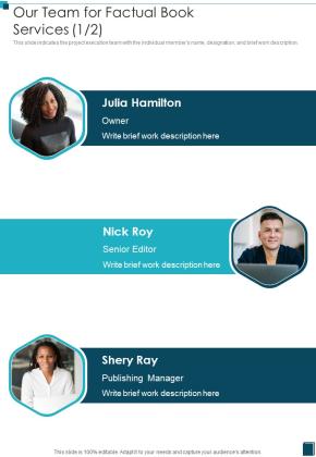 Our Team For Factual Book Services One Pager Sample Example Document Slide01