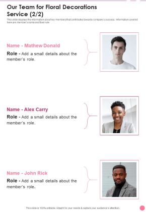 Our Team For Floral Decorations Service One Pager Sample Example Document Slide02