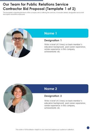 Our Team For Public Relations Service Contractor Bid Proposal One Pager Sample Example Document Slide01