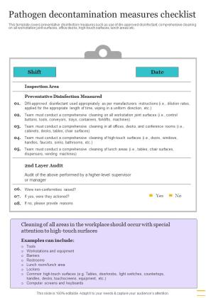 Pathogen Decontamination Measures Checklist One Pager Sample Example Document Slide01