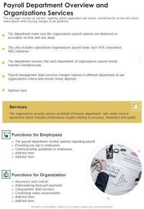 Payroll Department Overview And Organizations Services One Pager Documents Slide01