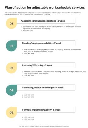 Plan Of Action For Adjustable Work Schedule Services One Pager Sample Example Document Slide01