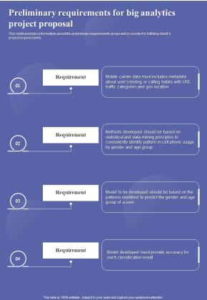 Preliminary Requirements For Big Analytics Project Proposal One Pager Sample Example Document Slide01