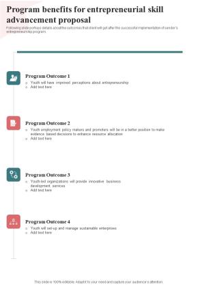 Program Benefits For Entrepreneurial Skill Advancement Proposal One Pager Sample Example Document Slide01