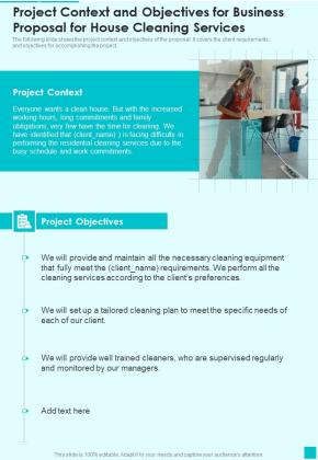 Project Context And Objectives For Business For House Cleaning Services One Pager Sample Example Document Slide01