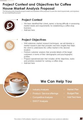 Project Context And Objectives For Coffee House Market Analysis Proposal One Pager Sample Example Document Slide01