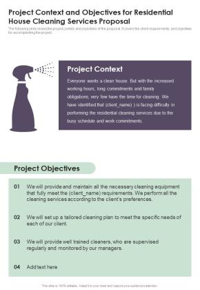 Project Context And Objectives For Residential House Cleaning Services One Pager Sample Example Document Slide01