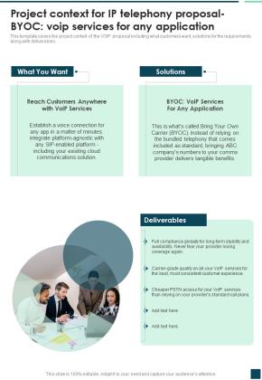 Project Context For IP Telephony Proposal Byoc Voip Services One Pager Sample Example Document Slide01