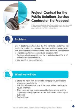 Project Context For The Public Relations Service Contractor Bid Proposal One Pager Sample Example Document Slide01