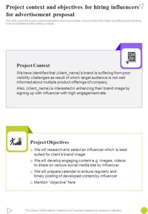 Project Context Objectives For Hiring Influencers Advertisement Proposal One Pager Sample Example Document Slide01