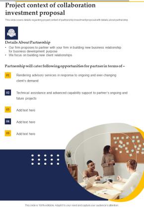 Project Context Of Collaboration Investment Proposal One Pager Sample Example Document Slide01