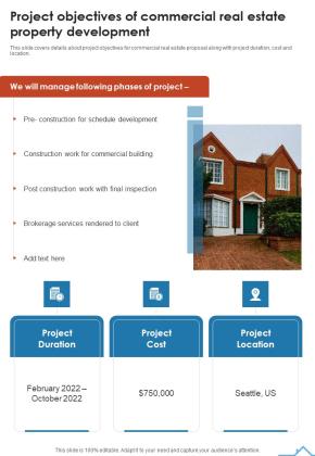Project Objectives Of Commercial Real Estate Property Development One Pager Sample Example Document Slide01