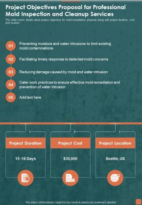 Project Objectives Proposal For Professional Mold Inspection And Cleanup Services One Pager Sample Example Document Slide01