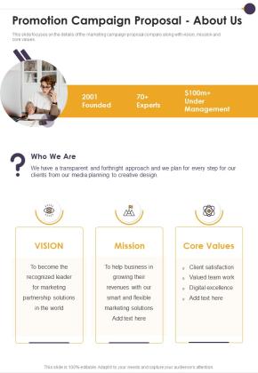 Promotion Campaign Proposal About Us One Pager Sample Example Document Slide01