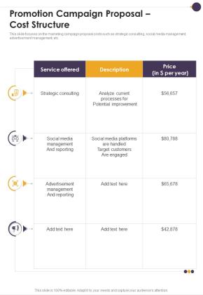Promotion Campaign Proposal Cost Structure One Pager Sample Example Document Slide01