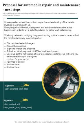 Proposal For Automobile Repair And Maintenance Next Steps One Pager Sample Example Document Slide01