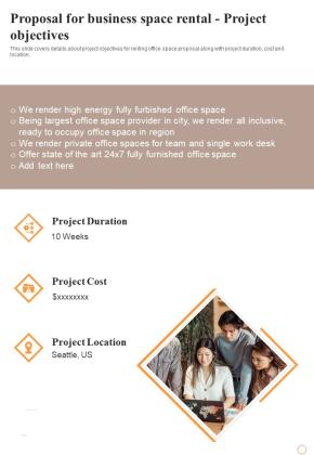Proposal For Business Space Rental Project Objectives One Pager Sample Example Document Slide01