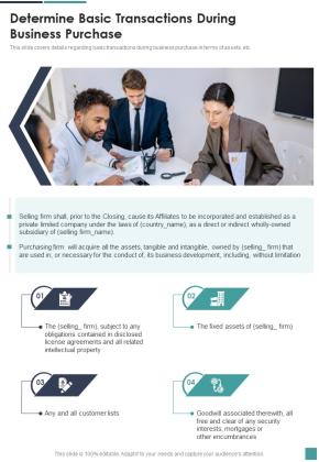 Proposal For Company Acquisition Determine Basic Transactions One Pager Sample Example Document Slide01