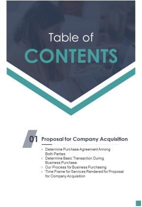 Proposal For Company Acquisition Table Of Contents One Pager Sample Example Document Slide01