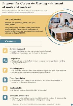 Proposal For Corporate Meeting Statement Of Work And Contract One Pager Sample Example Document Slide01