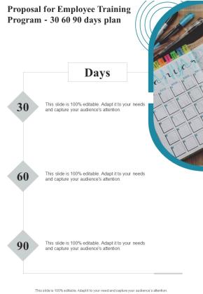 Proposal For Employee Training Program 30 60 90 Days Plan One Pager Sample Example Document Slide01