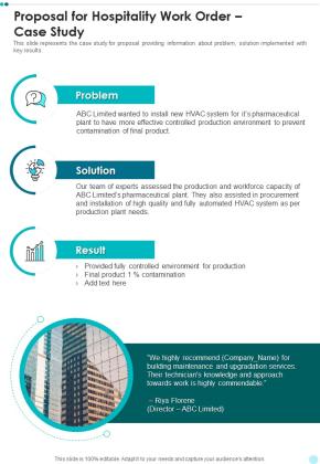Proposal For Hospitality Work Order Case Study One Pager Sample Example Document Slide01
