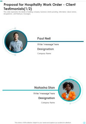 Proposal For Hospitality Work Order Client Testimonials One Pager Sample Example Document Slide01