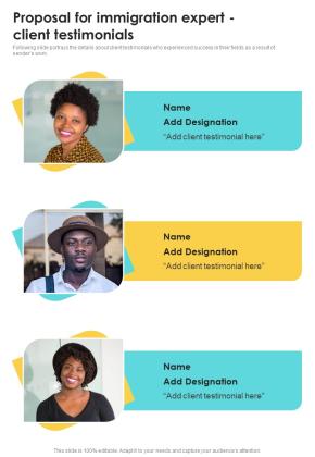 Proposal For Immigration Expert Client Testimonials One Pager Sample Example Document Slide01
