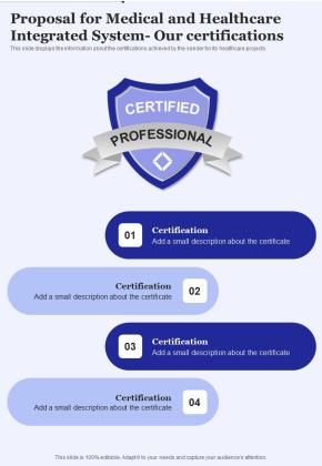 Proposal For Medical And Healthcare Integrated System Our Certifications One Pager Sample Example Document Slide01