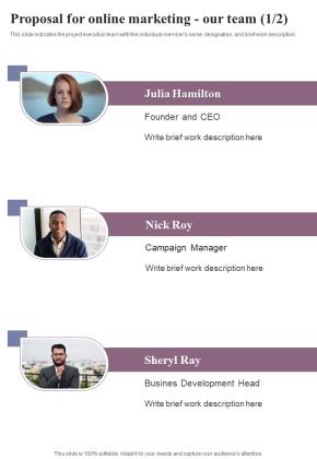 Proposal For Online Marketing Our Team One Pager Sample Example Document Slide01