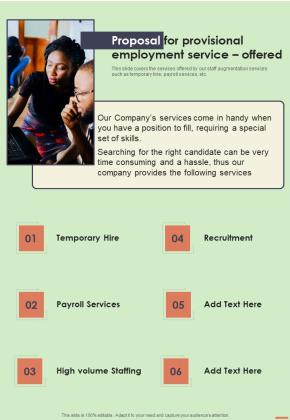 Proposal For Provisional Employment Service Offered One Pager Sample Example Document Slide01