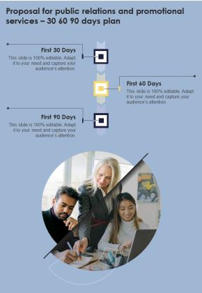 Proposal For Public Relations And Promotional Services 30 60 90 Days One Pager Sample Example Document Slide01