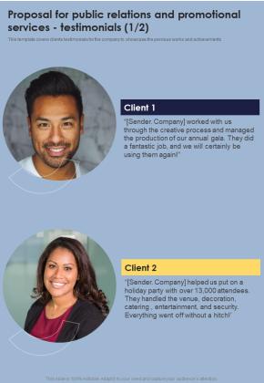 Proposal For Public Relations And Promotional Services Testimonials One Pager Sample Example Document Slide01