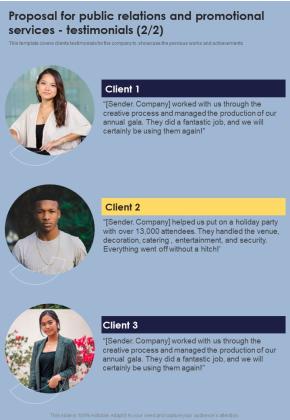 Proposal For Public Relations And Promotional Services Testimonials One Pager Sample Example Document Slide02