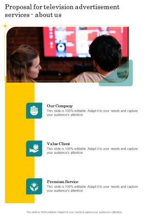 Proposal For Television Advertisement Services About Us One Pager Sample Example Document Slide01