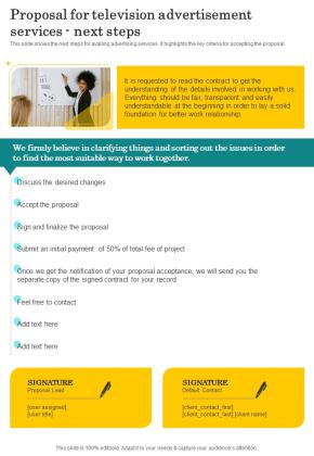 Proposal For Television Advertisement Services Next Steps One Pager Sample Example Document Slide01
