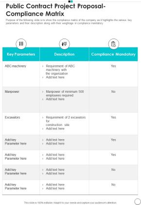 Public Contract Project Proposal Compliance Matrix One Pager Sample Example Document Slide01