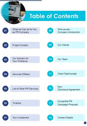 Public Relations Service Contractor Bid Proposal Table Of Contents One Pager Sample Example Document Slide01