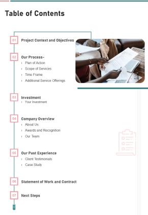 Purchase Proposal Template Table Of Contents One Pager Sample Example Document Slide01