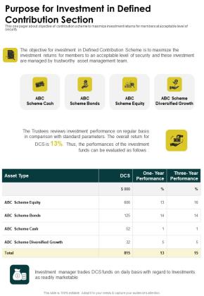 Purpose For Investment In Defined Contribution Section One Pager Documents Slide01
