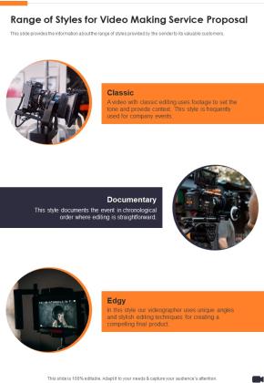 Range Of Styles For Video Making Service Proposal One Pager Sample Example Document Slide01