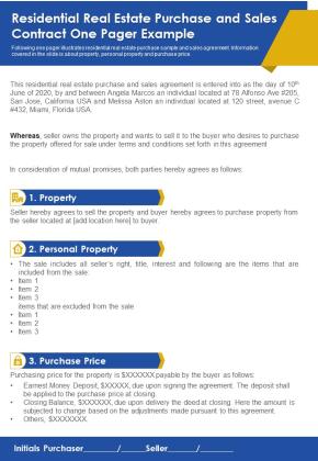 Residential Real Estate Purchase And Sales Contract One Pager Example PDF Document PPT Template Slide01