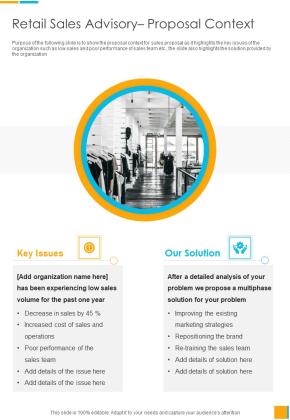 Retail Sales Advisory Proposal Context One Pager Sample Example Document Slide01