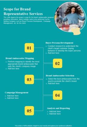 Scope For Brand Representative Services One Pager Sample Example Document Slide01