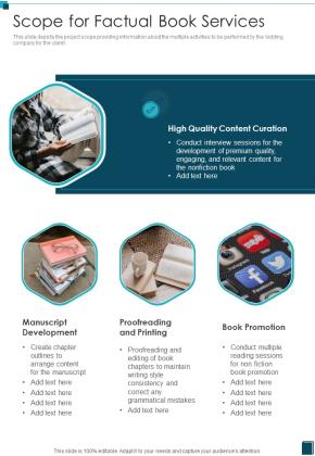 Scope For Factual Book Services One Pager Sample Example Document Slide01